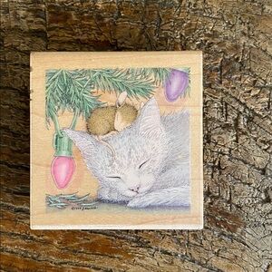 🎄Vintage🎄Cat & Mouse Wood Block Rubber Stamp